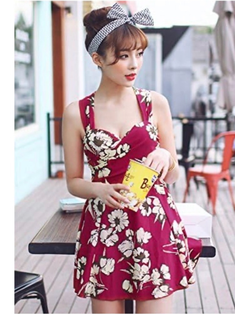 Cocopear Floral Sweetheart One-Piece Swimsuit Dress in Berry size Lg